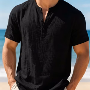 Men's Cotton Linen Henley Short Sleeve Shirt Stand Collar Breathable Casual Summer Beach Solid Color Textured Tee